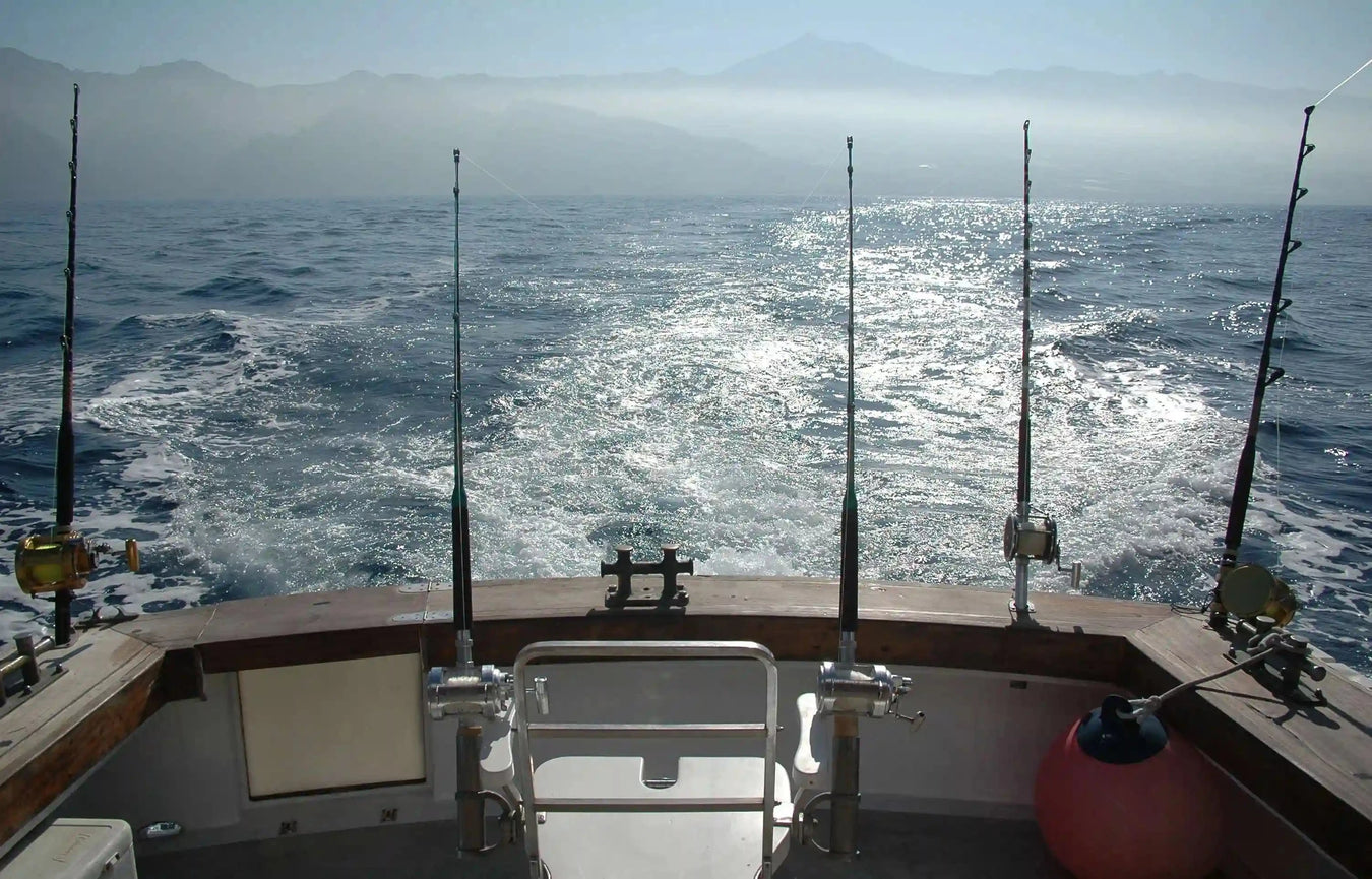 Fishing boat on choppy waters with fishing rods and equipment.