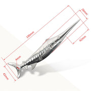 Metallic fish-shaped object with dimensions on a white background