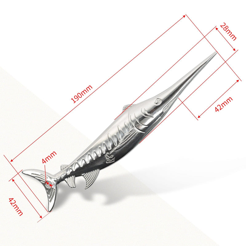 Metallic fish-shaped object with dimensions on a white background