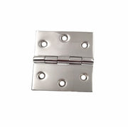 A polished stainless steel butt hinge with four mounting holes on each leaf