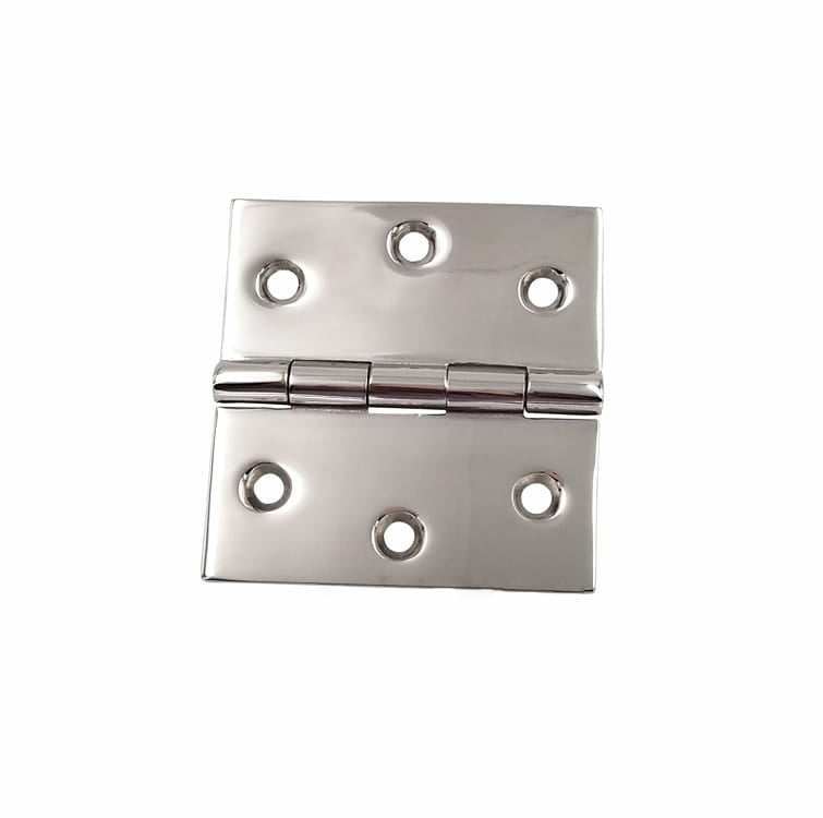 A polished stainless steel butt hinge with four mounting holes on each leaf