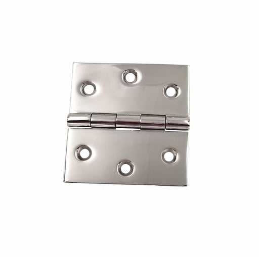 A polished stainless steel butt hinge with four mounting holes on each leaf