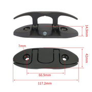 Black boat cleats with dimensions marked