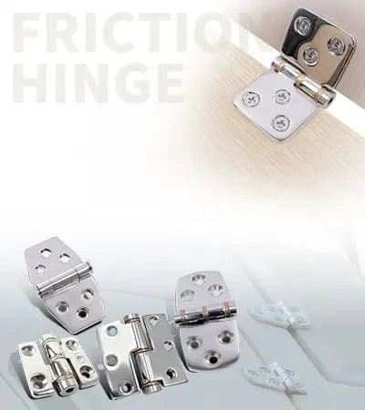 Set of metal friction hinges on a white background with text.